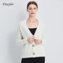 Fitaylor Autumn Women Knitted V Neck Single Breasted Sweater Gold Shiny Button Casual Female Cardigans Short Soft Warm Knitwear
