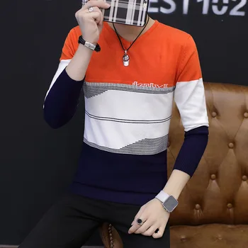 

2020 Men's New Color Matching Sweater Youth V-neck Stylish Guy's Fashion Pullover Mercerized Cotton Thin Slim Sweater