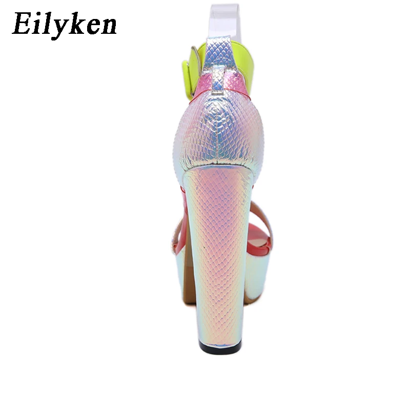 Eilyken; модные босоножки на высоком каблуке с принтом змеиной кожи; цвет красный, серебристый; женские пикантные туфли на платформе с толстым каблуком и очень высоким ремешком на щиколотке с пряжкой