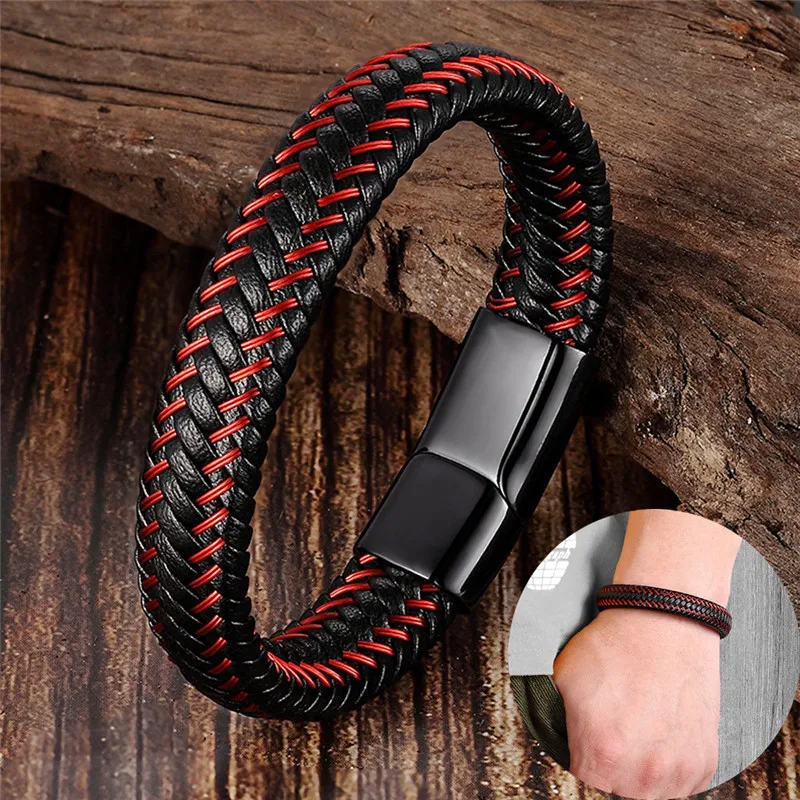 

Mixed Color Striped Braided Leather Bracelets Men's Magnetic Clasp Buckle Leather Cuff Bracelet.Simple Woven Wrap Surfer Bangle