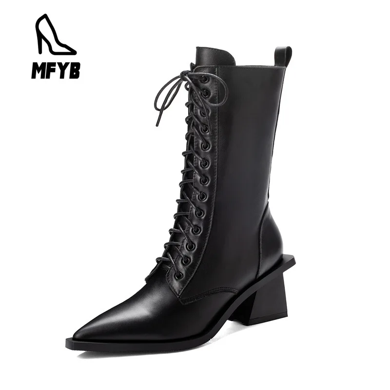 

MFYB Women's boots 2019 winter new fashion high-heeled women's shoes pointed toe size 35-43 leather boots tide