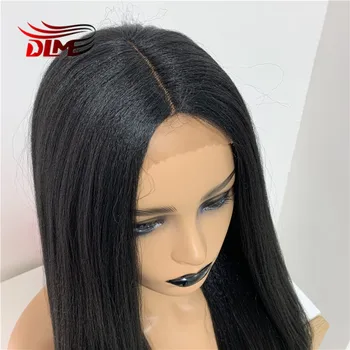 

DLME 1B Black Yaki Straight Glueless Synthetic Lace Front Wig Heat Resistant FiberDaily Wearing Wigs Light Yaki wig