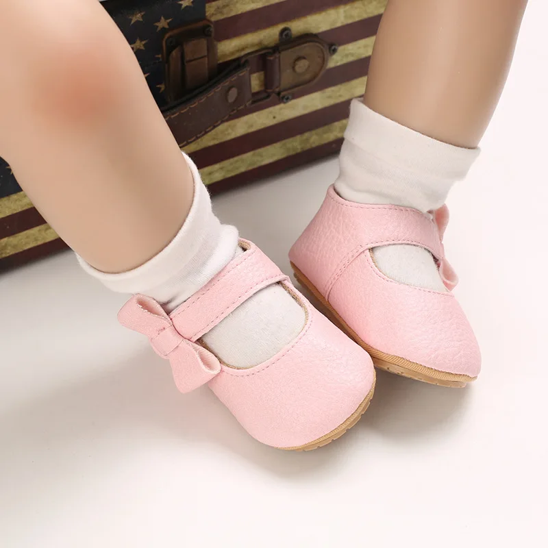 Cute Baby PU Leather First Walkers, Mocassins Girl Shoes, Bowknot, Soft Soled, Non-Slip, Berço Calçado