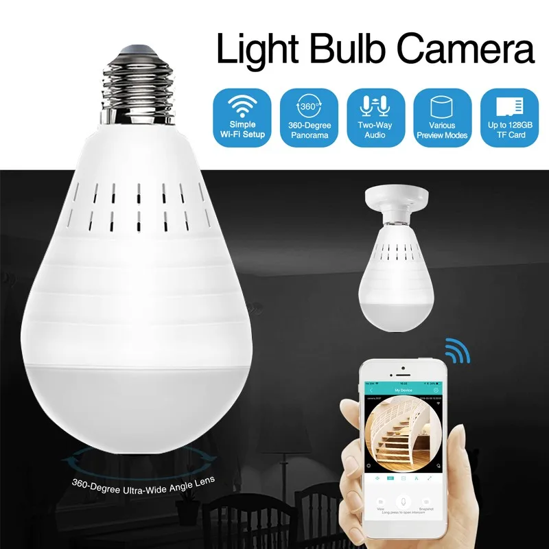 

Wifi Panoramic Camera 360 Degree LED Light Wireless Home Security Fisheye Bulb Lamp Night Version Two Way Audio