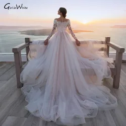 Sexy Illusion Long Sleeve Lace Princess Wedding Dresses 2022 Luxury Scoop Appliques Button Court Train A Line Bride Gown