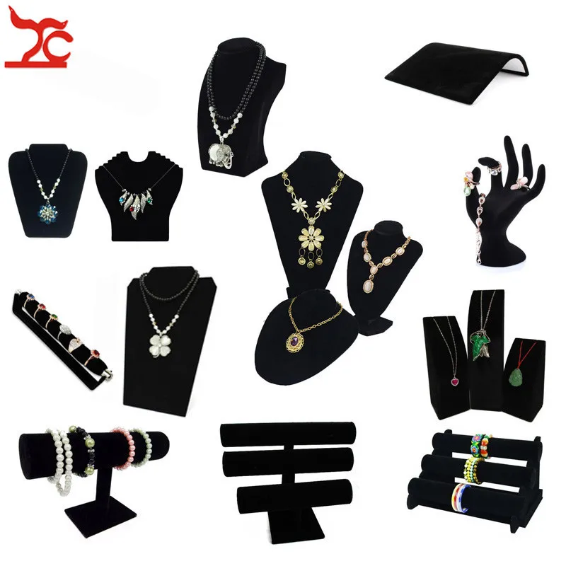 Soporte organizador de joyas de terciopelo negro, soporte de joyería de madera, collar, brazalete, pendiente, reloj, barra en T, escaparate de almacenamiento