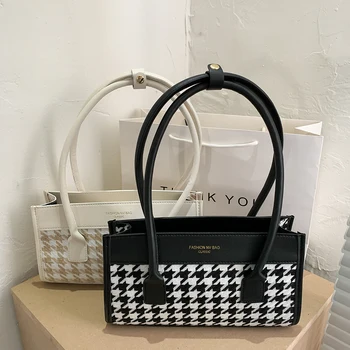 

Fashion Women Shoulder Underarm Bag PU Leather Plaid Splicing Handbags Totes Travel Lady Clutch Portable Top-handle Bags New