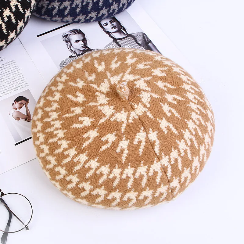 Женский берет живописца, Корейская Ретро зимняя модная шерстяная Осенняя зимняя полосатая берет для женщин, элегантный женский берет, шапка художника s - Цвет: coffee