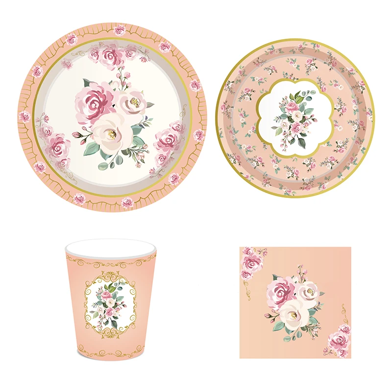 44pcs/set Peony Flower Disposable Tableware Birthday Wedding Party