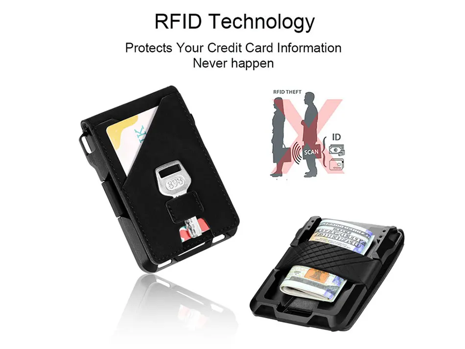 DIENQI Metal Card Holder RFID Protected Men Credit Card Coin Bag Key Purse High Quality PU Leather Minimalist Wallet Card Pocket