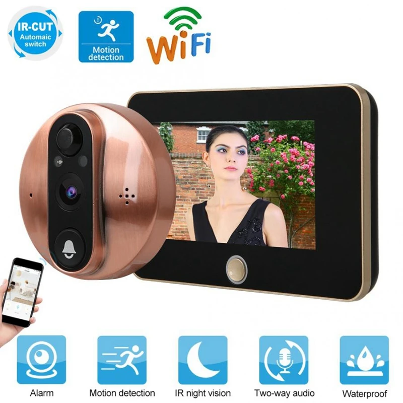  4.3 Inch Monitor Video Peephole WiFi Doorbell Camera PIR Motion Detection Wireless Intercom APP Con