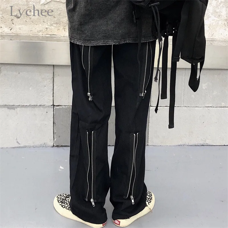 Lychee, Харадзюку, одноцветные, на молнии, женские штаны, повседневные, свободные, с эластичной талией, прямые, женские брюки, весна, осень, для девушек