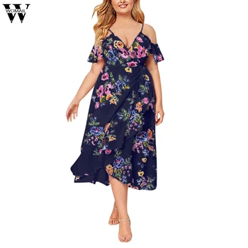 

Womail Plus Size Dress For Women Bohemian Butterfly Sleeve Floral Print Maxi Dress Ladies Ruffles High Waist Spring Party Dress