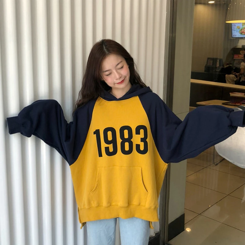 Новинка осени, Корейская толстовка с капюшоном Ulzzang Harajuku, Женская Повседневная Толстовка с капюшоном и принтом, Женский Топ с длинным рукавом