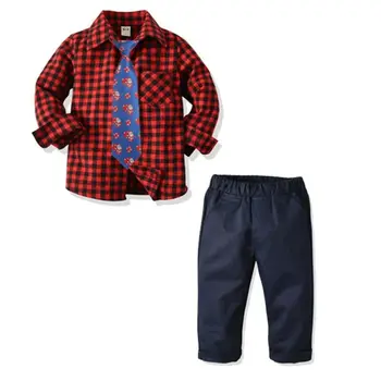 

Kids Clothes Newborn Baby Boy Christmas Clothing Red Plaid shirt with tie Tops+Long sheer dark blue Pants Toddlers Outfits Set