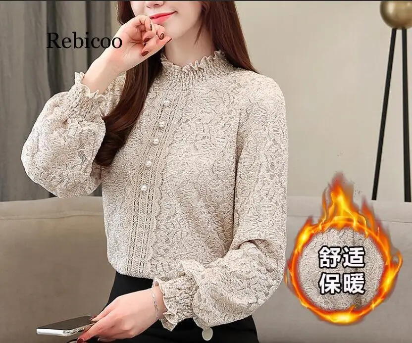 

Women's Lace shirt pink beige in warm Autumn and winter with New style Long sleeves Plus velvet Thickening