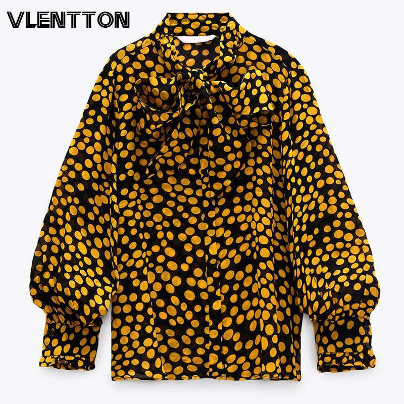 

2020 Spring Autumn Women Vintage Dot Print Chiffon Shirts Fashion Bow Long Sleeve Loose Tops And Blouses Ladies Blusas Camisas