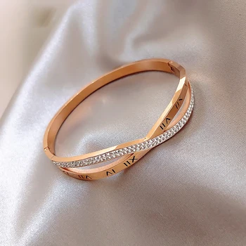 

Luxury Famous Brand Jewelry Rose Gold Stainless Steel Roman numerals Bracelets & Bangles Female Charm Zircon Bangle Bracelet