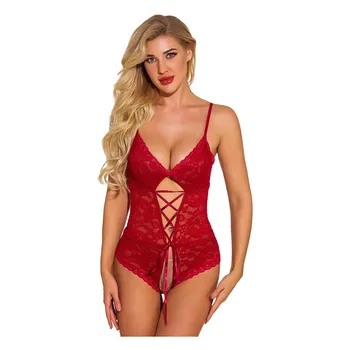 

Women Sexy Lace One Piece Lingerie Jumpsuit Deep V-neck Sleeveless Backless Temptation Bodysuit Bandage Open Crotch Jumpsuit
