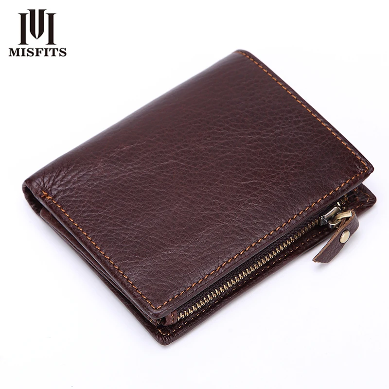 

MISFITS Men's Wallets Small Mini Ultra-thin Genuine Leather Wallet Cowhide Handmade zipper in coin purse Card Holder Wallet
