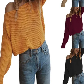 

2019 ladies sweater sexy one-word collar shoulder-length sleeve pullover solid color fashion simple atmosphere girl sweater