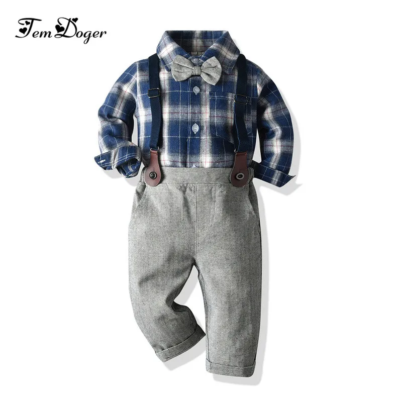 Tem Doger Boy Clothing Sets Winter Kids Boy Clothes Gentleman Long Sleeved Tie Shirt+Overalls 2PCS Outfits for Children's - Цвет: A