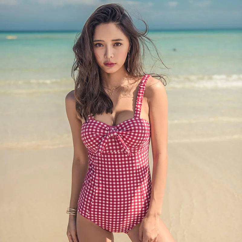 

Korea Style Sexy Bandeau One Piece Swimsuit Women Plaid Swimwear Push Up Monokini Pad Swim Suit Bow Red Bathing Suit