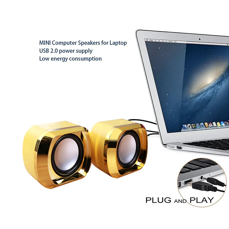 USB 2.0 Notebook Speakers Wired Stereo Mini Computer Speaker for Desktop Laptop Notebook PC MP3 MP4 3.5mm AUX IN gold