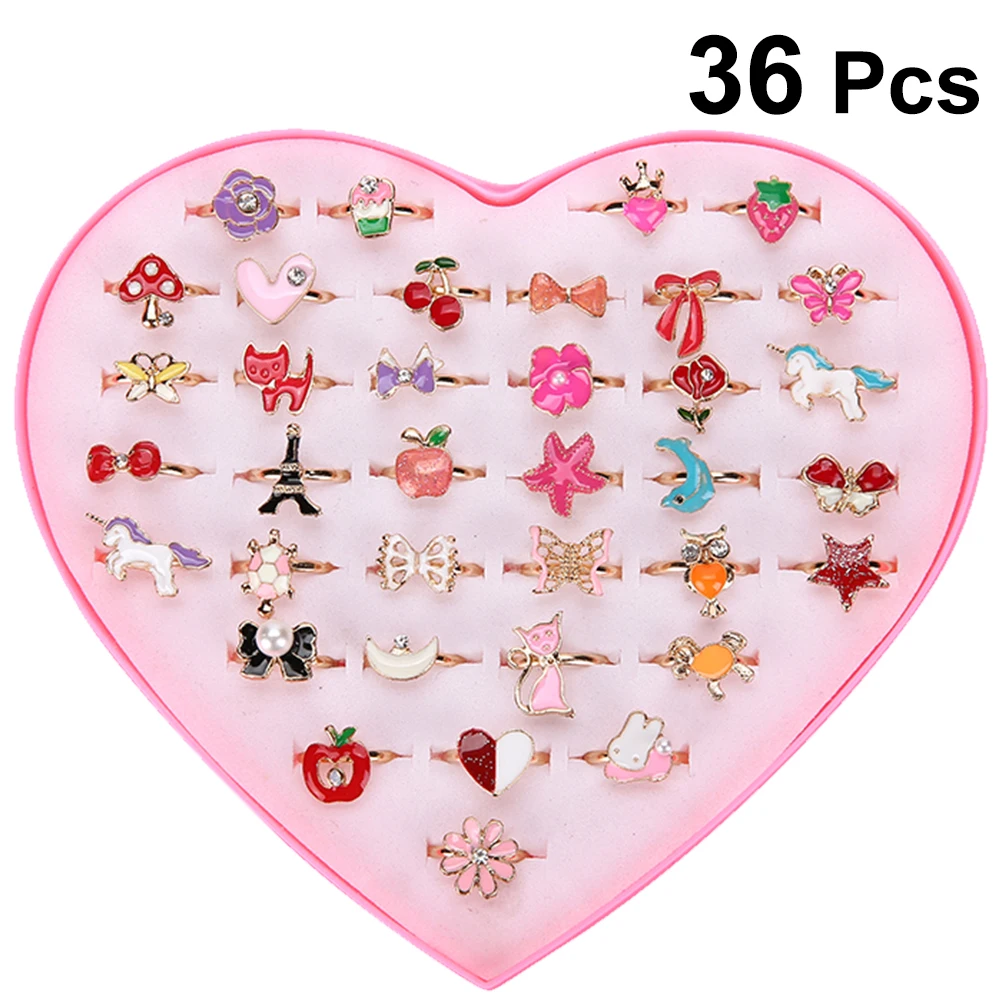 

36 pcs Alloy Cartoon Rings Colorful Lovely Adjustable Jewelry Gifts Party Favors Toys for Children Kids Girls