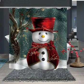 

Christmas Elk Snowman Digital Printing Waterproof Polyester Shower Curtain Set