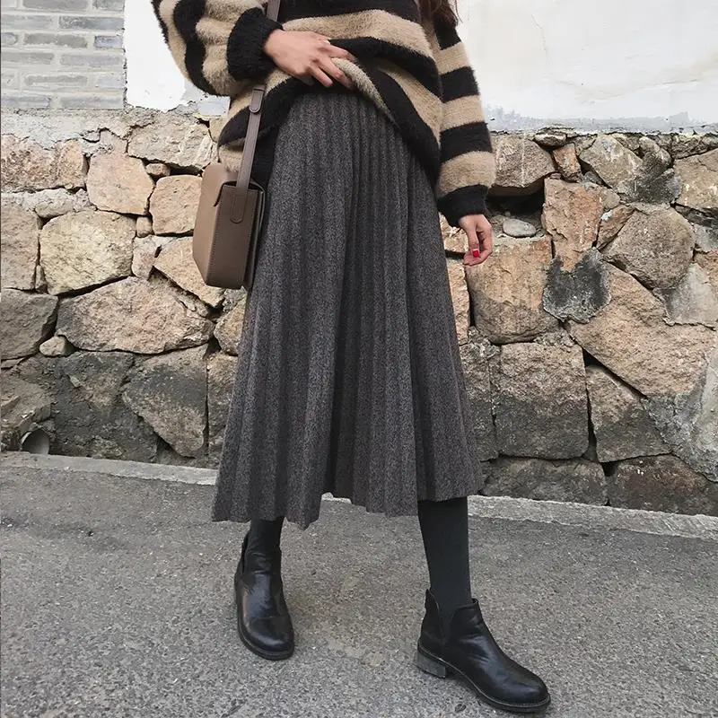 Женская юбка в складки свободные Chic корейский стиль Осень, Зима сплошной Для женщин s удобные простые универсальные Высокая талия на каждый день - Цвет: dark gray