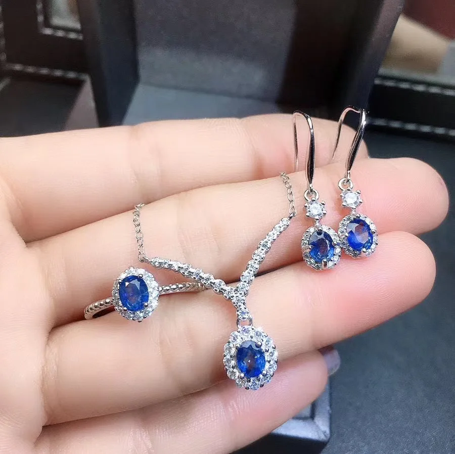 100% Real and Natural Sapphire jewelry set 925 sterling silver 1pc pendant ring 2pcs Earring | Украшения и аксессуары