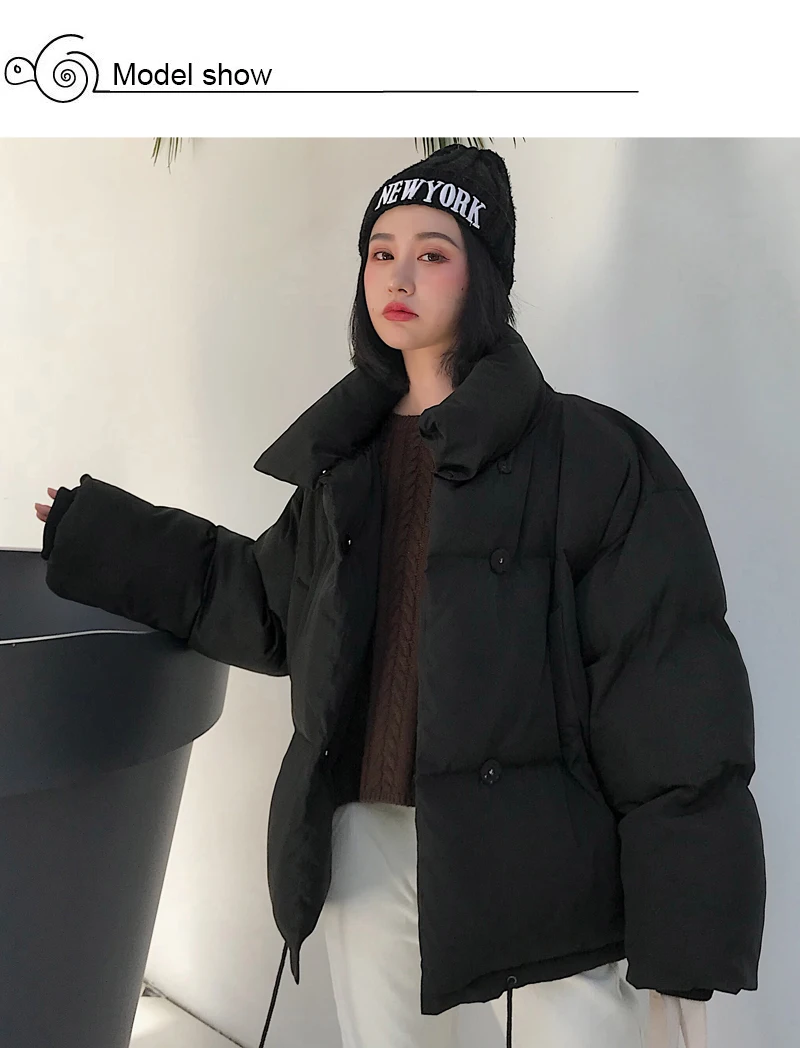 Корейский стиль, женская куртка, синтепон, зимний, стоячий воротник, однотонный, черный, белый, женский пуховик, свободный, негабаритный, короткая парка