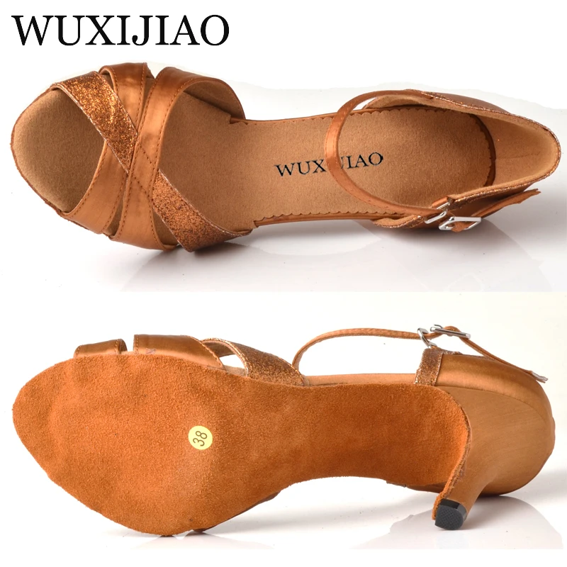 WUXIJIAO Latin dance shoes Salsa women's bronze satin unique tailor design satin shoes for ballroom dancing  Tango shoes