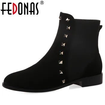 

FEDONAS New Rivets Cow Suede Women Ankle Boots Winter Warm Short Chelsea Boots Party Night Club Shoes Woman Big Size High Heels