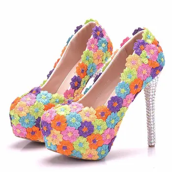 

Fashion 14 cm high heel color lace pointed high heels shallow mouth large size banquet rhinestone single shoes female