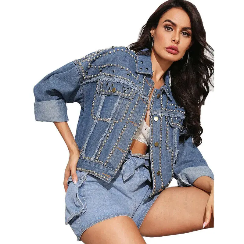 price cut  Fashion Women Denim Coat Heavy Hand Beaded Rivet Short Jeans Jackets Spring Autumn Casual Loose Sin