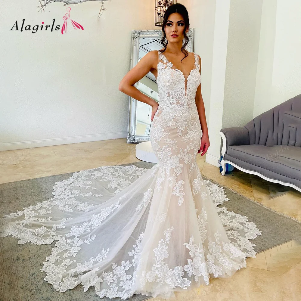 『Cheap!!!』- Alagirls Boho Mermaid Wedding Dress Lace Beach Wedding
Dress Long Button Back Long Train Bridal Dress Wedding Gown vestido
novia