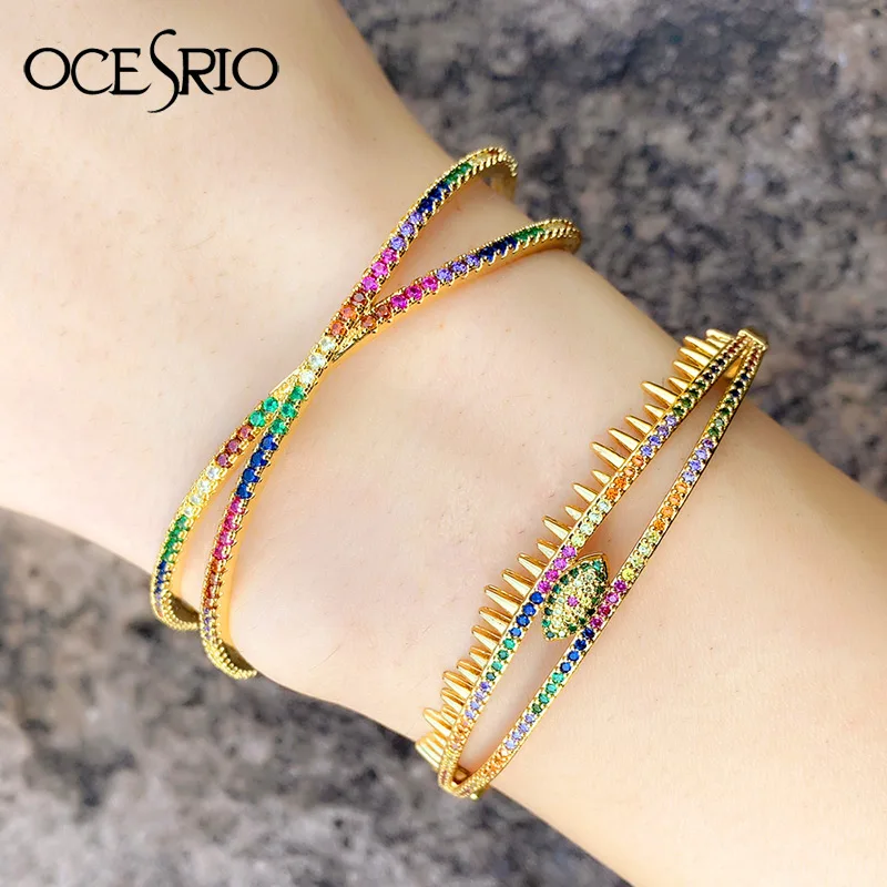 OCESRIO, 24 k, золотые, радужные браслеты для женщин, сглаза, манжета, браслет, браслеты с кристаллами, ювелирное изделие, CZ, персонализированный браслет, brt-b80