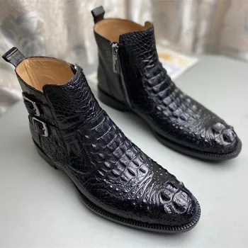 

Authentic Crocodile Skin Men's Winter Ankle Chelsea Boots Genuine Real Alligator Leather Male Pointed Toe High-Top ZIP Shoes