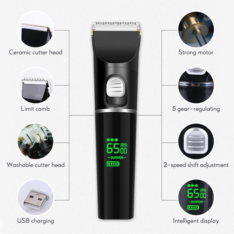 Rechargeable Hair Clipper LED Display Quick Charge Electric Trimmer Long Standby Hair Cutting Machi