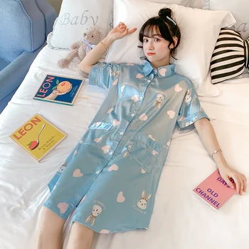 

Cartoon Print Women Sleepshirt Summer Short Sleeve Nightdress Faux Silk Satin Loose Casual Homewear Outerwear Nightgown S178