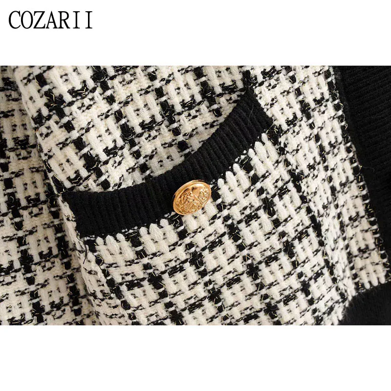 COZARII женский свитер в английском стиле черно-белый трикотажный плед с длинным рукавом однобортный v-образный вырез свободные кардиганы свитера женские топы