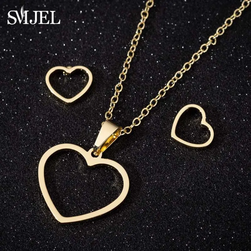 SMJEL Bijoux, колье из нержавеющей стали с сердечком для женщин, золотой цвет, ювелирные наборы, простые свадебные серьги в форме сердца - Окраска металла: Gold Set 44