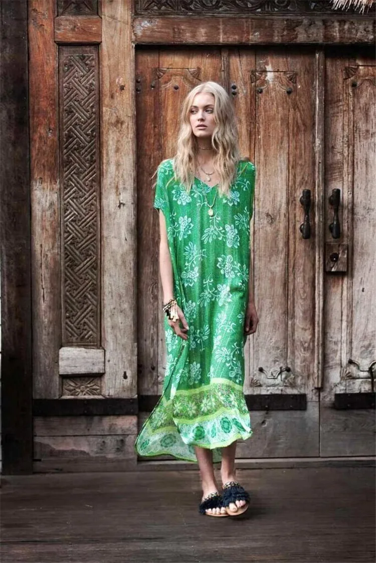 Boho Green/пляжное платье с принтом; Женская туника с короткими рукавами; купальник большого размера; летний пляжный костюм с разрезом по бокам