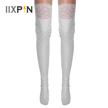 

Women Sexy Stockings Lcae Top Thigh High Stockings Shiny Glossy Metallic Patent Leather Long Stockings Skintight Lace Stockings