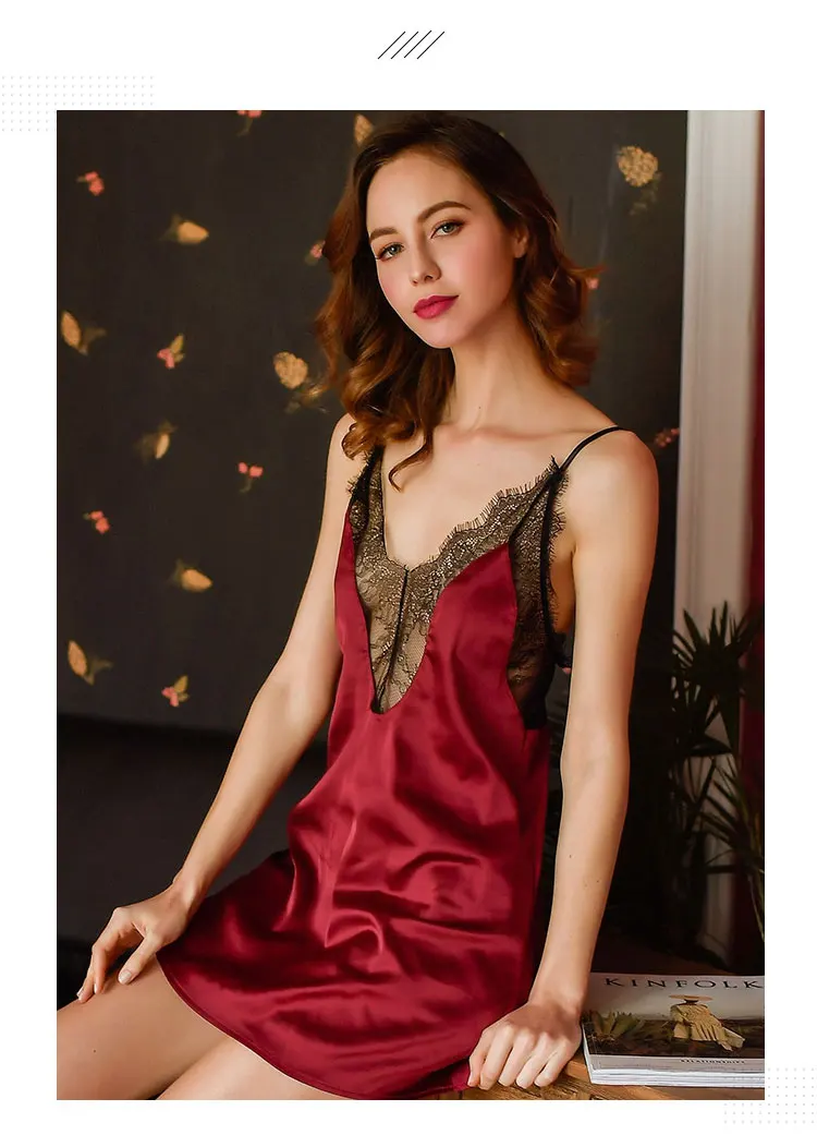 Women Thin Sexy Underwear Deep V Collar Lace Strap Dress Home Clothes Nightdress Womens Nightgown Sleepwear Night Dress Lingerie
