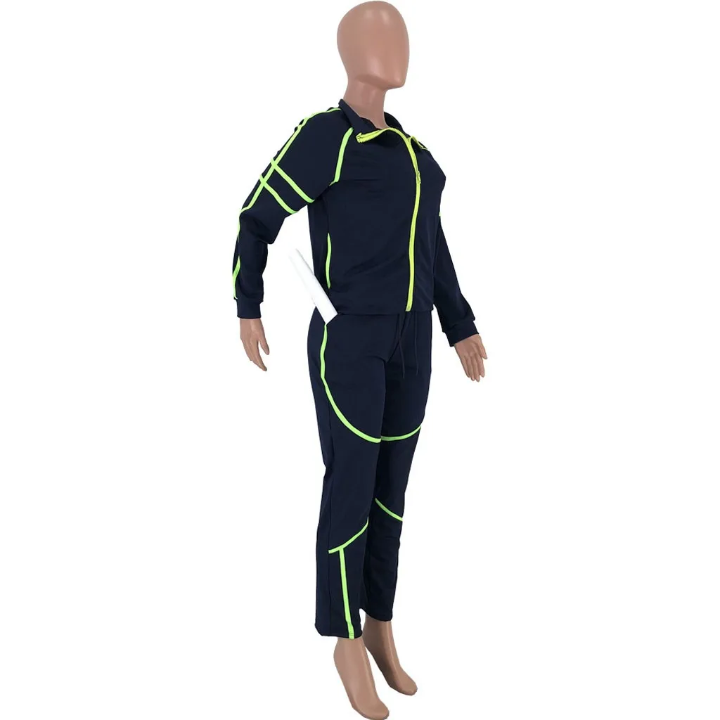 Winter Womens Stitching Color Sportswear 2 Piece Suit Exercise Long Sleeve Zipper Sweatshirt Tops Leggings Pants Casual Set#g4