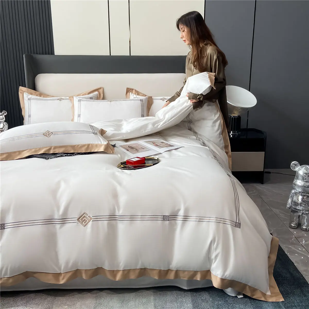 OLOEY Bedding set Egyptian cotton 100S Phnom Penh duvet cover flat sheet pillowcases Soft bed sets Embroidery