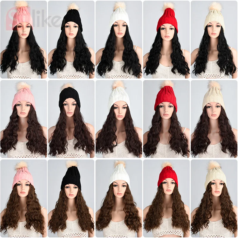 Silike зимняя вязаная шапка с накладными волосами Черная 14 дюймов длинная волна синтетические волосы для наращивания с шапками